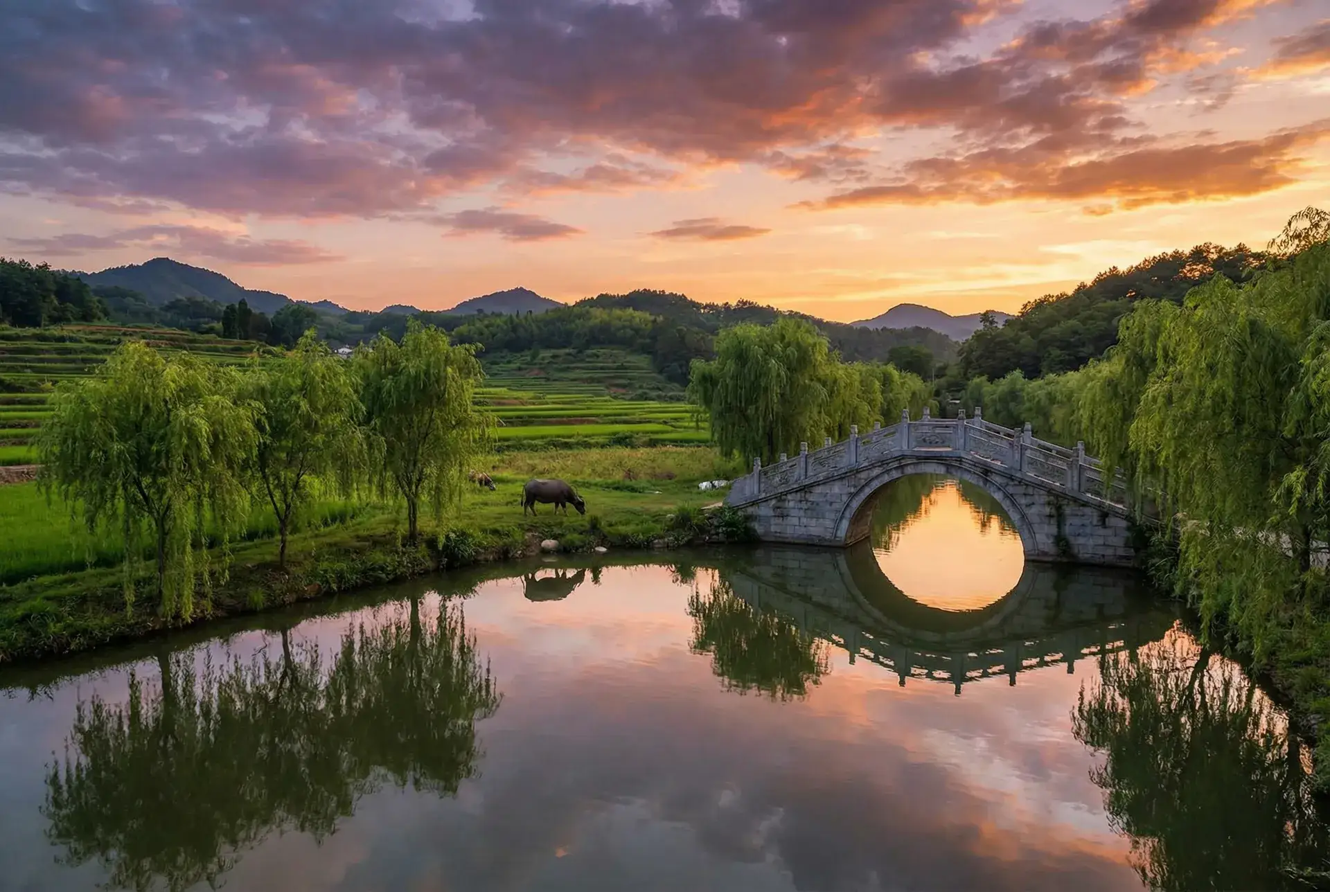 夕阳下的石拱桥与垂柳，水牛在河边吃草 - 妹妹导航 乡村美景